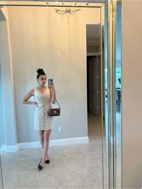 V-Neck Cream Stud Trim Sleeveless Dress INC